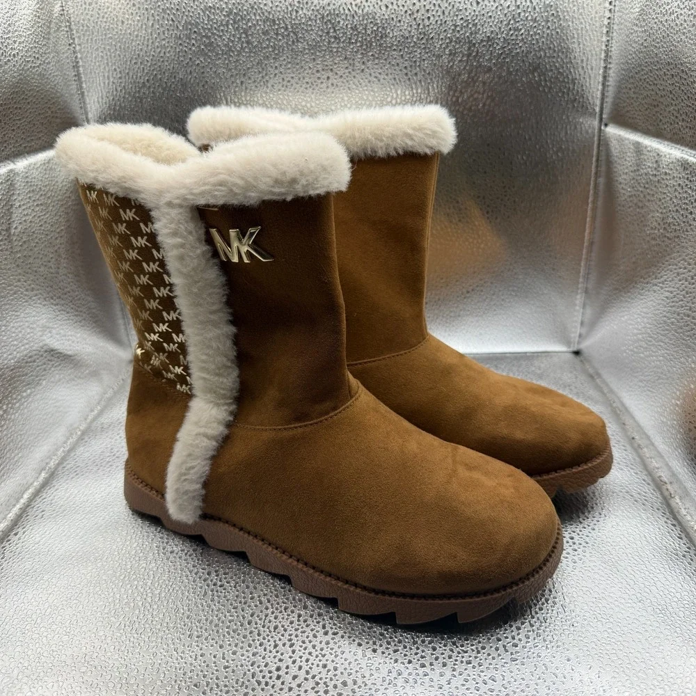 Size 5 Michael Kors Kaysen Winter Fur Logo Brown Girls Mid Calf‎ Zipper Boots